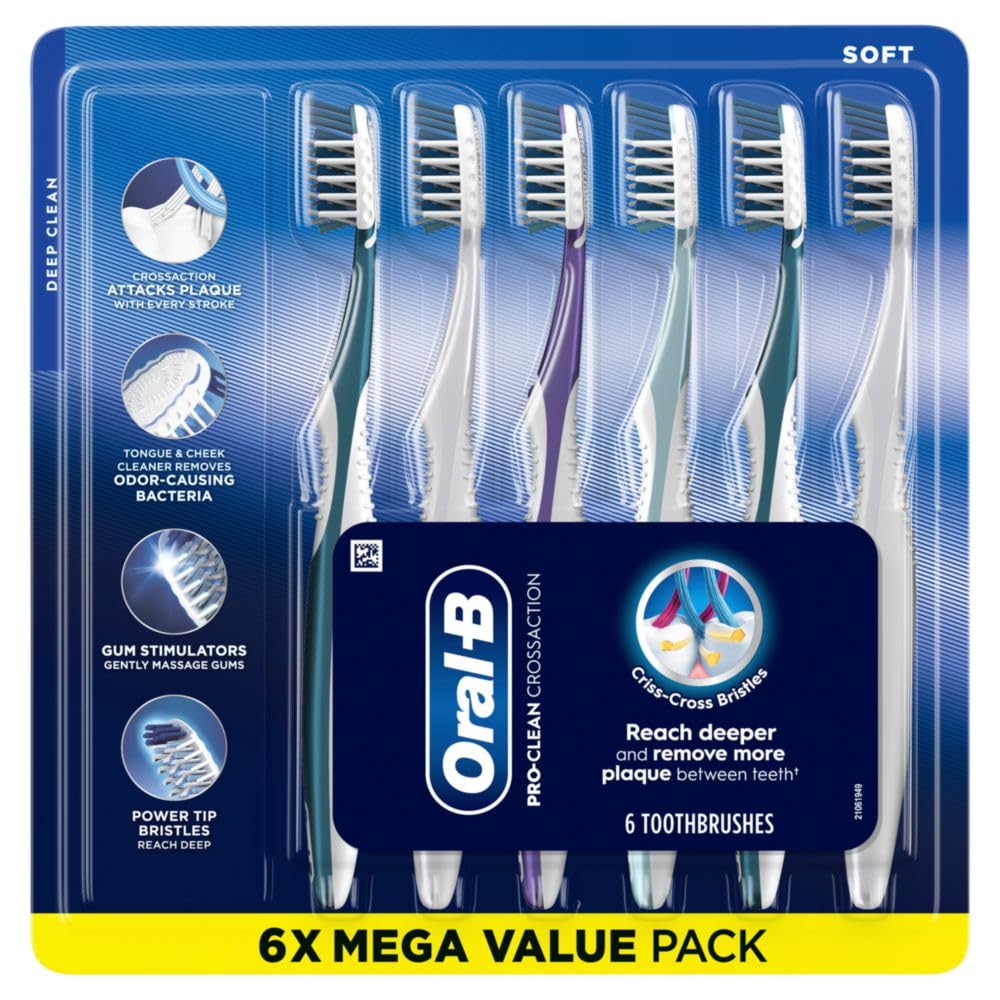 Oral-B Cross Action All In One Manual Toothbrushes, Deep Plague Fighter, Tongue And Cheek Cleaner, 6 Count Tooth Brush Pack